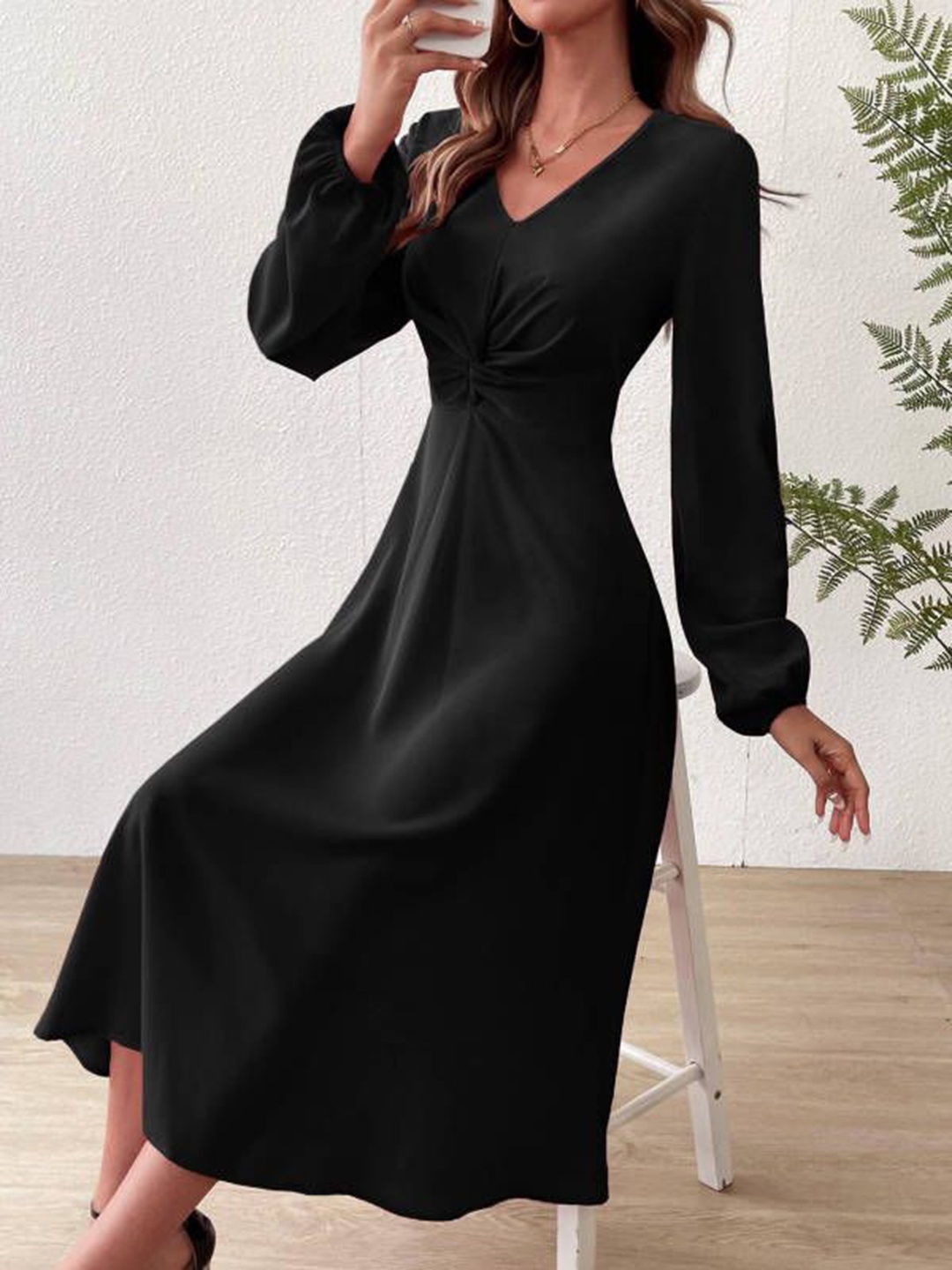 

HERE&NOW Women Solid Sheath Midi Dress, Black