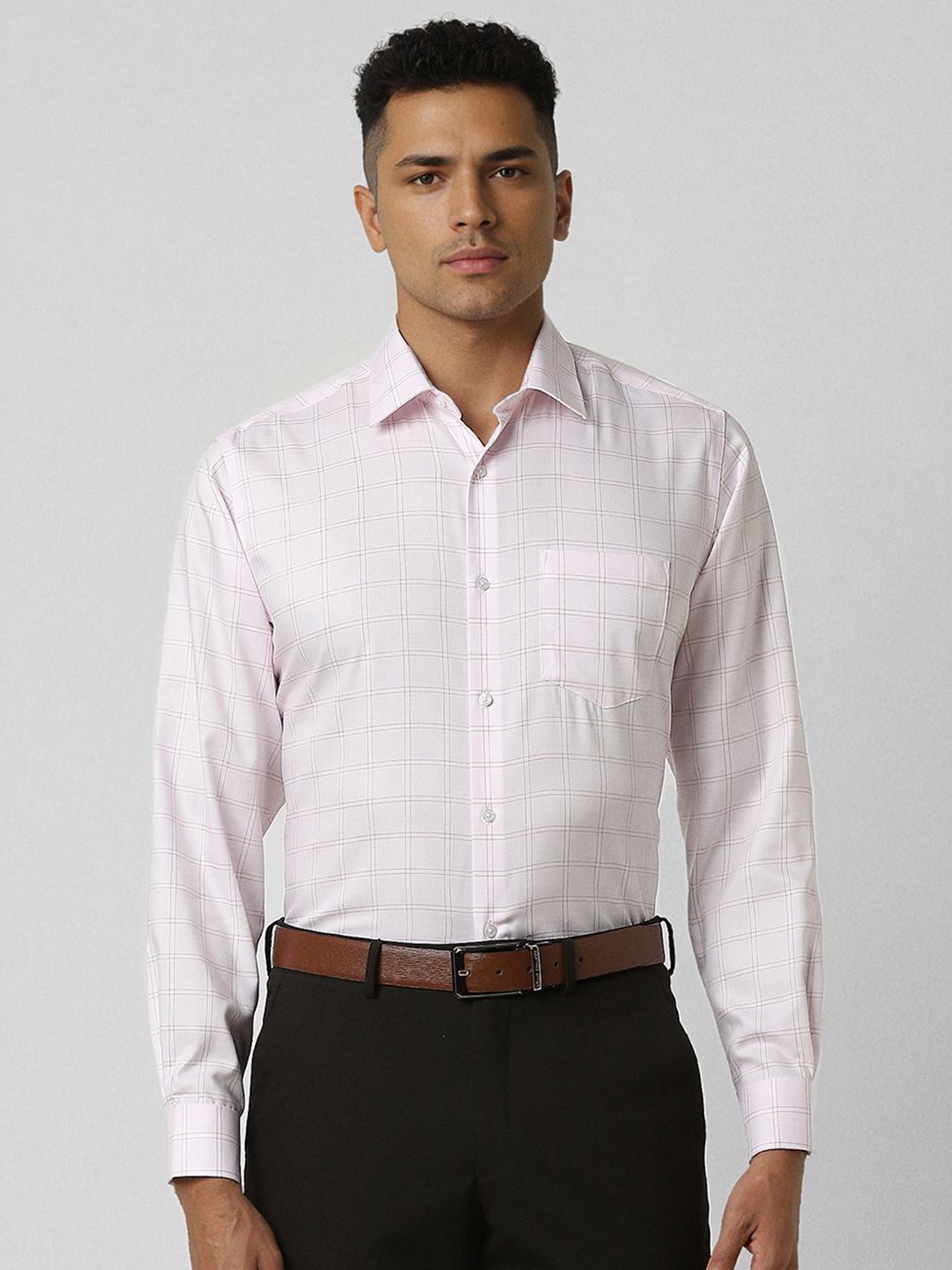 

Van Heusen Men Spread Collar Windowpane Checked Cotton Slim Fit Formal Shirt, Pink