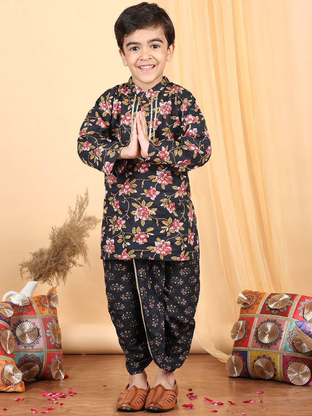 

kidcetra Boys Floral Printed Pure Cotton Kurta with Dhoti Pant, Black