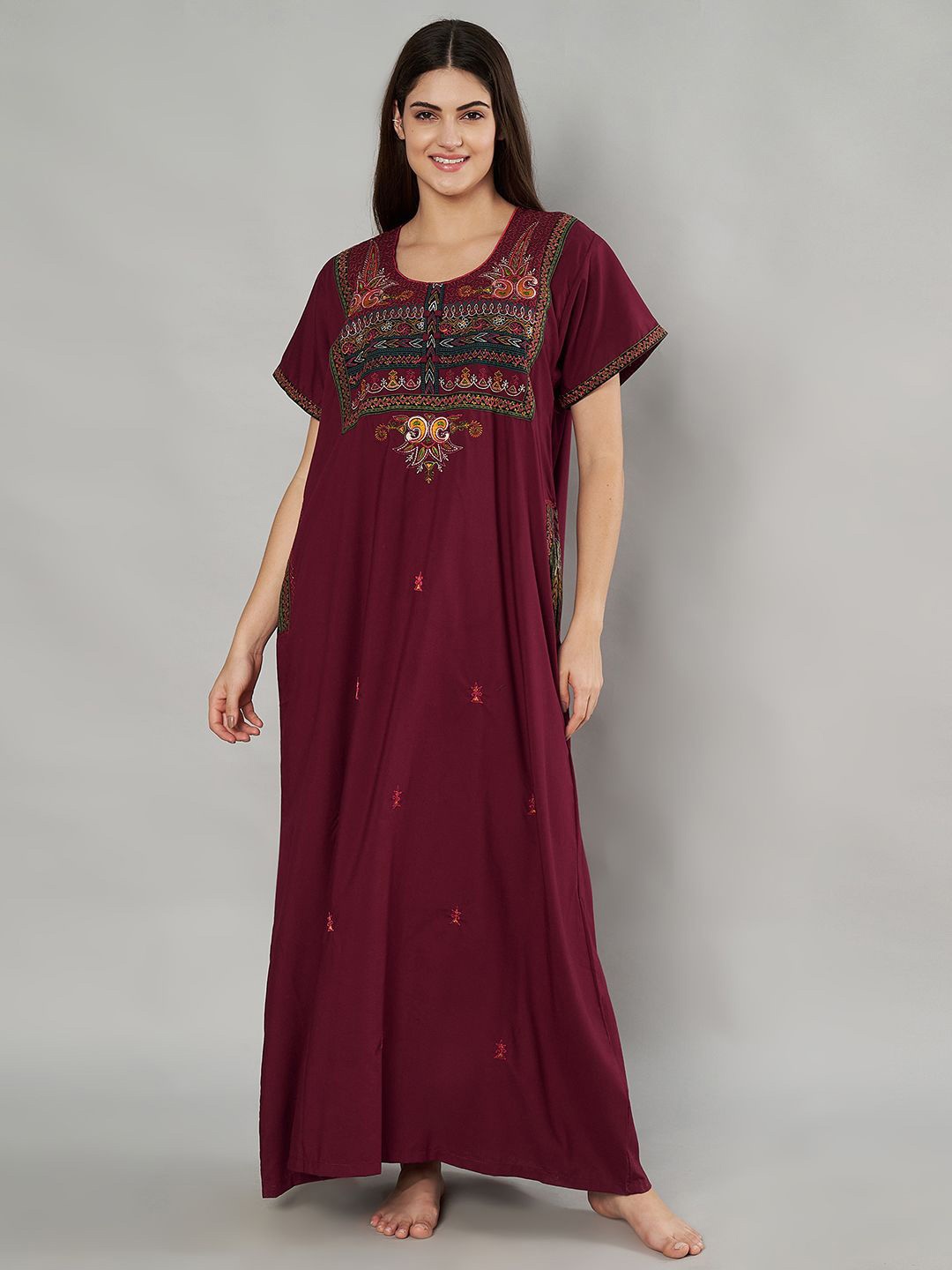 

KOI SLEEPWEAR Women Ethnic Embroidered Maxi Nightdress, Maroon