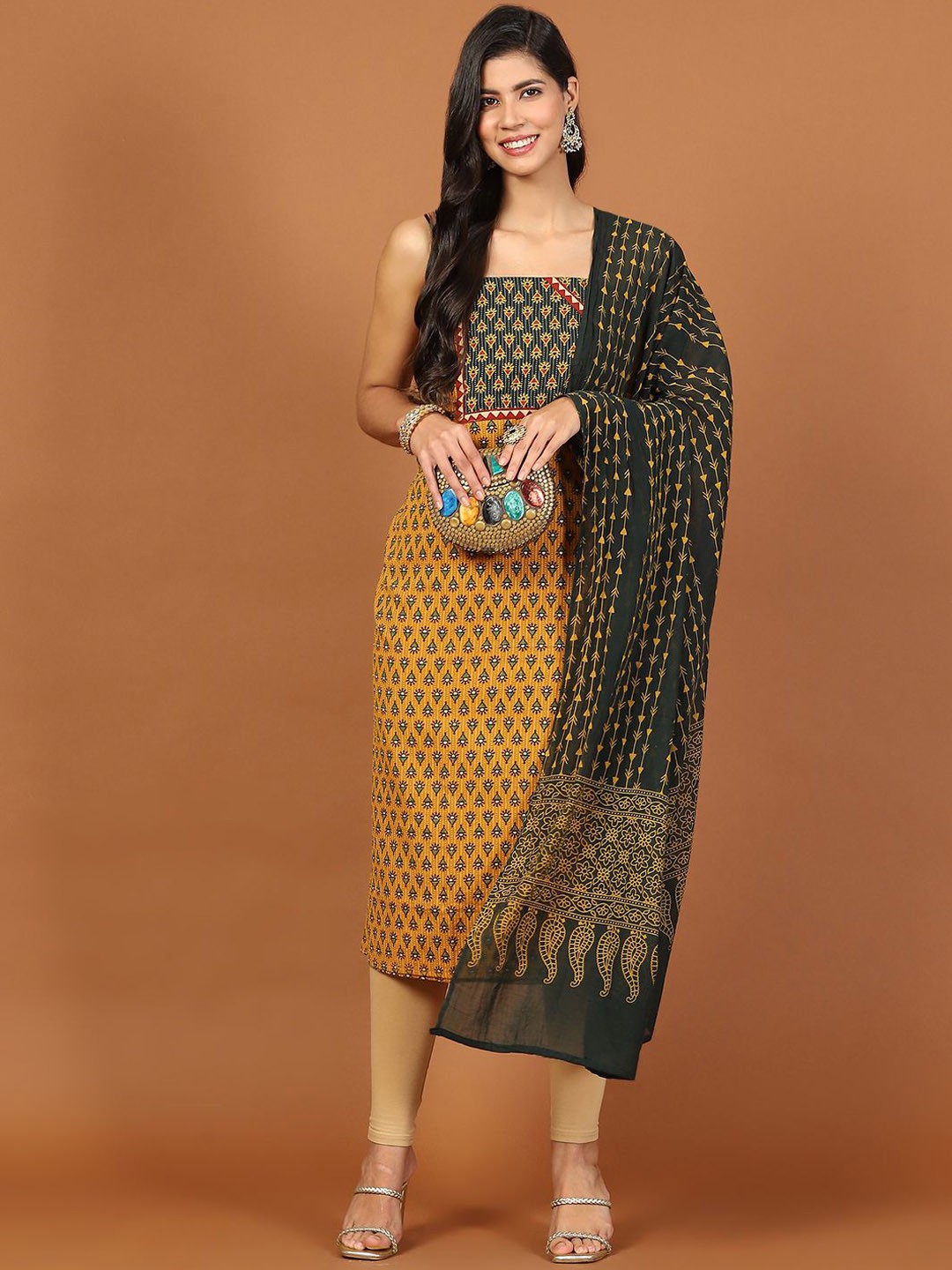 

Meena Bazaar Geometric Printed Unstitched Dress Material, Mustard