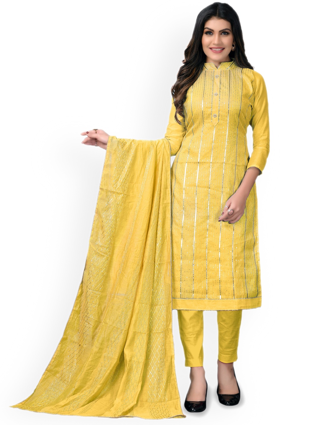 

Maroosh Striped Sequinned Unstitched Dress Material, Yellow
