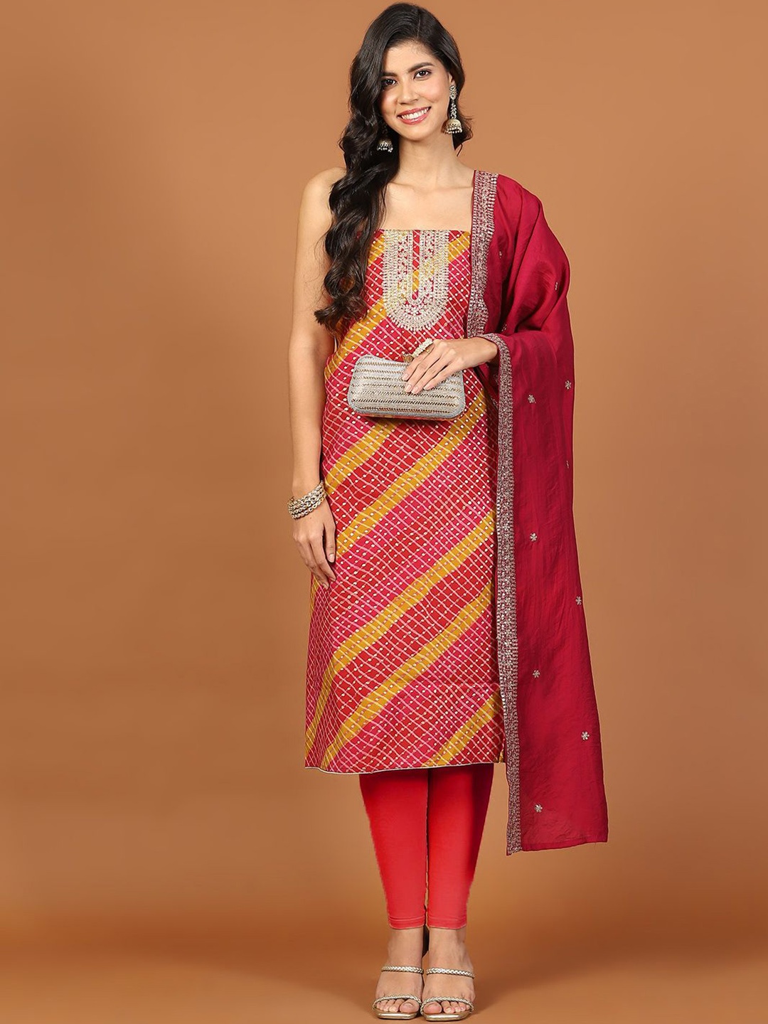 

Meena Bazaar Geometric Printed Sequinned Unstitched Dress Material, Pink