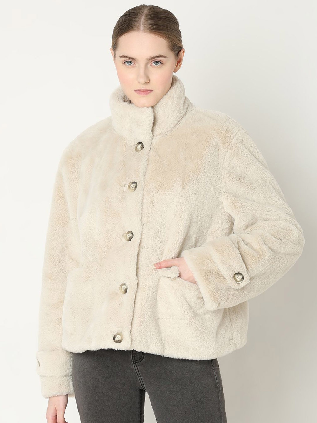 

Vero Moda Women Mock Collar Solid Casual Parka Jacket, Beige