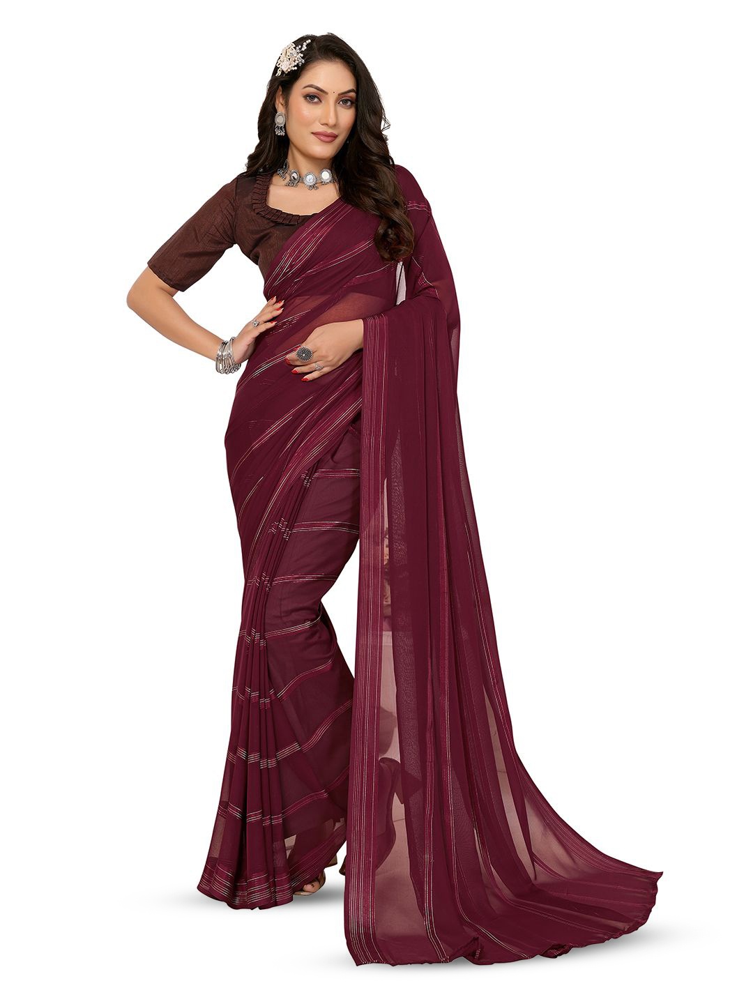 

Moda Rapido Striped Satin Saree, Maroon