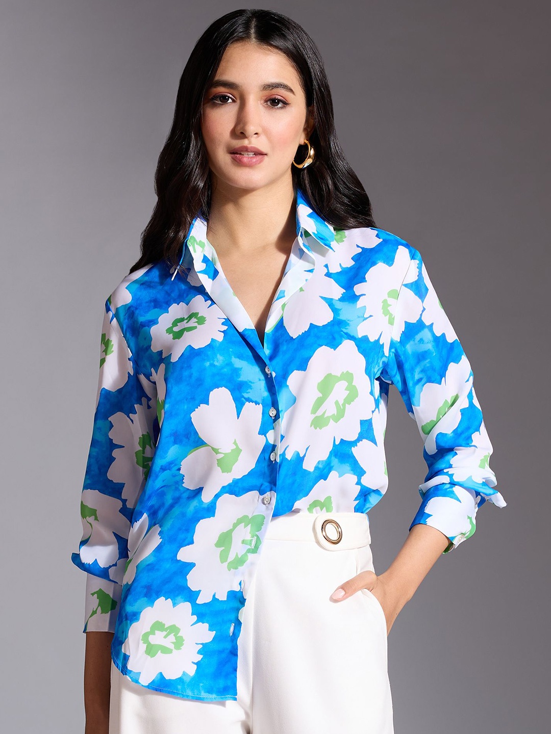 

20Dresses Women Spread Collar Floral Printed Casual Shirt, Blue