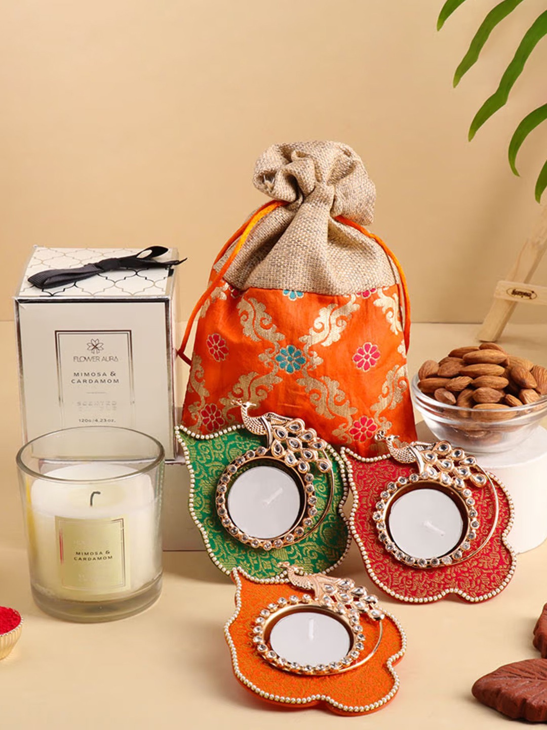 

Floweraura Set of 3 Diwali Diya, Scented Candle, 100g Almonds Potli in Box, Green