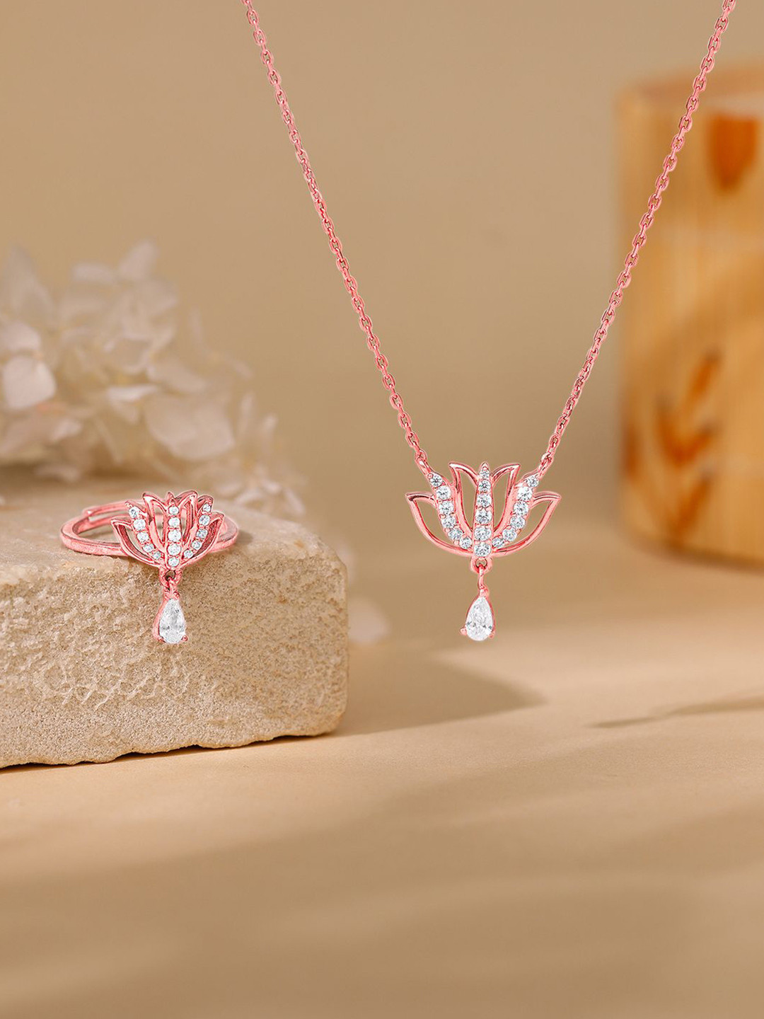 

GIVA 925 Sterling Silver Rose Gold-Plated CZ-Studded Sushma Kamalam Necklace and Ring