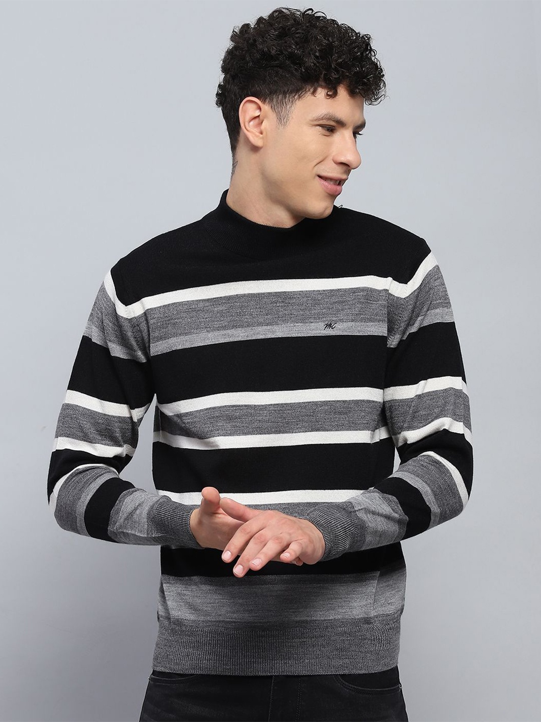 

Monte Carlo Men Striped Woollen Pullover, Grey