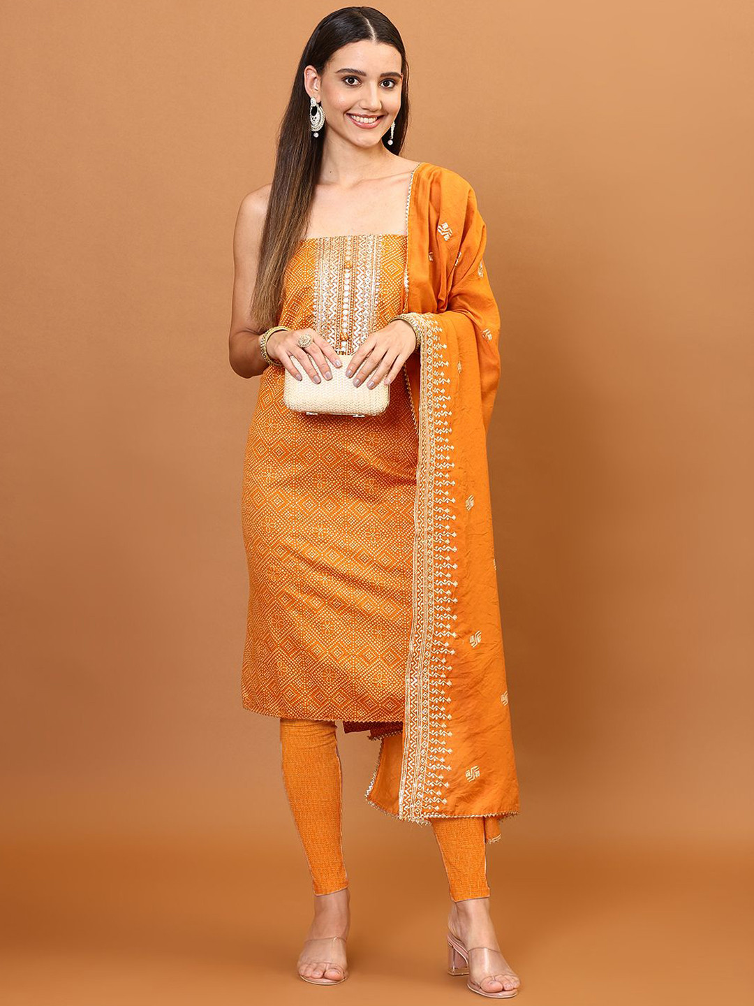 

Meena Bazaar Bandhani Printed Zari Unstitched Dress Material, Mustard