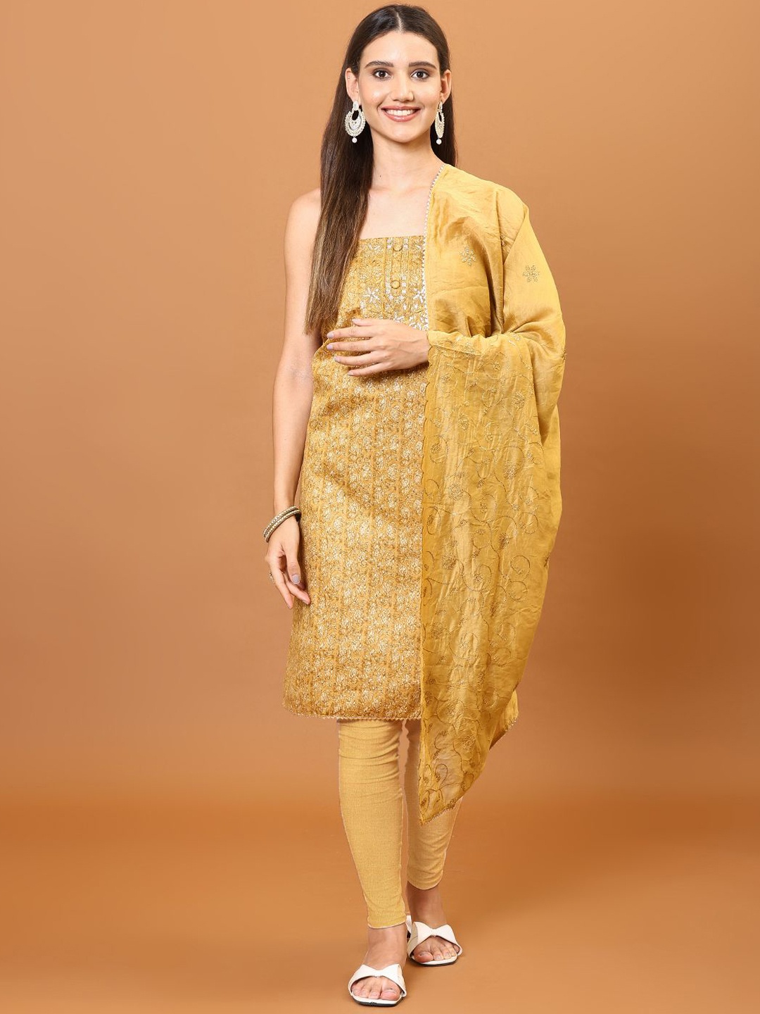 

Meena Bazaar Paisley Printed Sequinned Unstitched Dress Material, Mustard