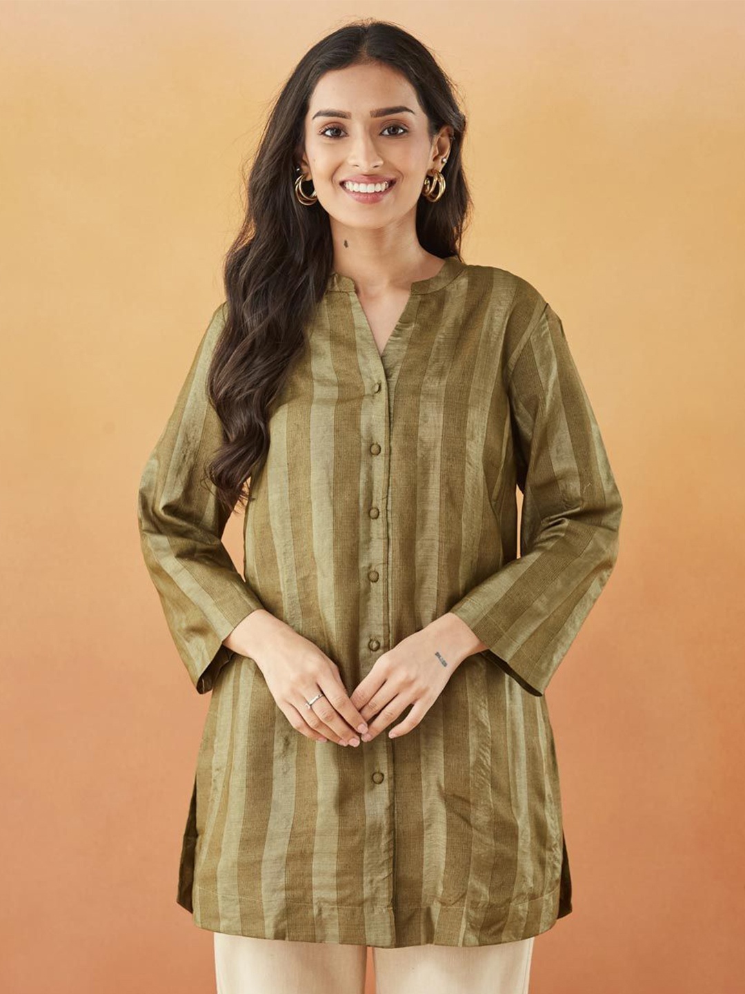 

Fabindia Mandarin Collar Striped Tunic, Green