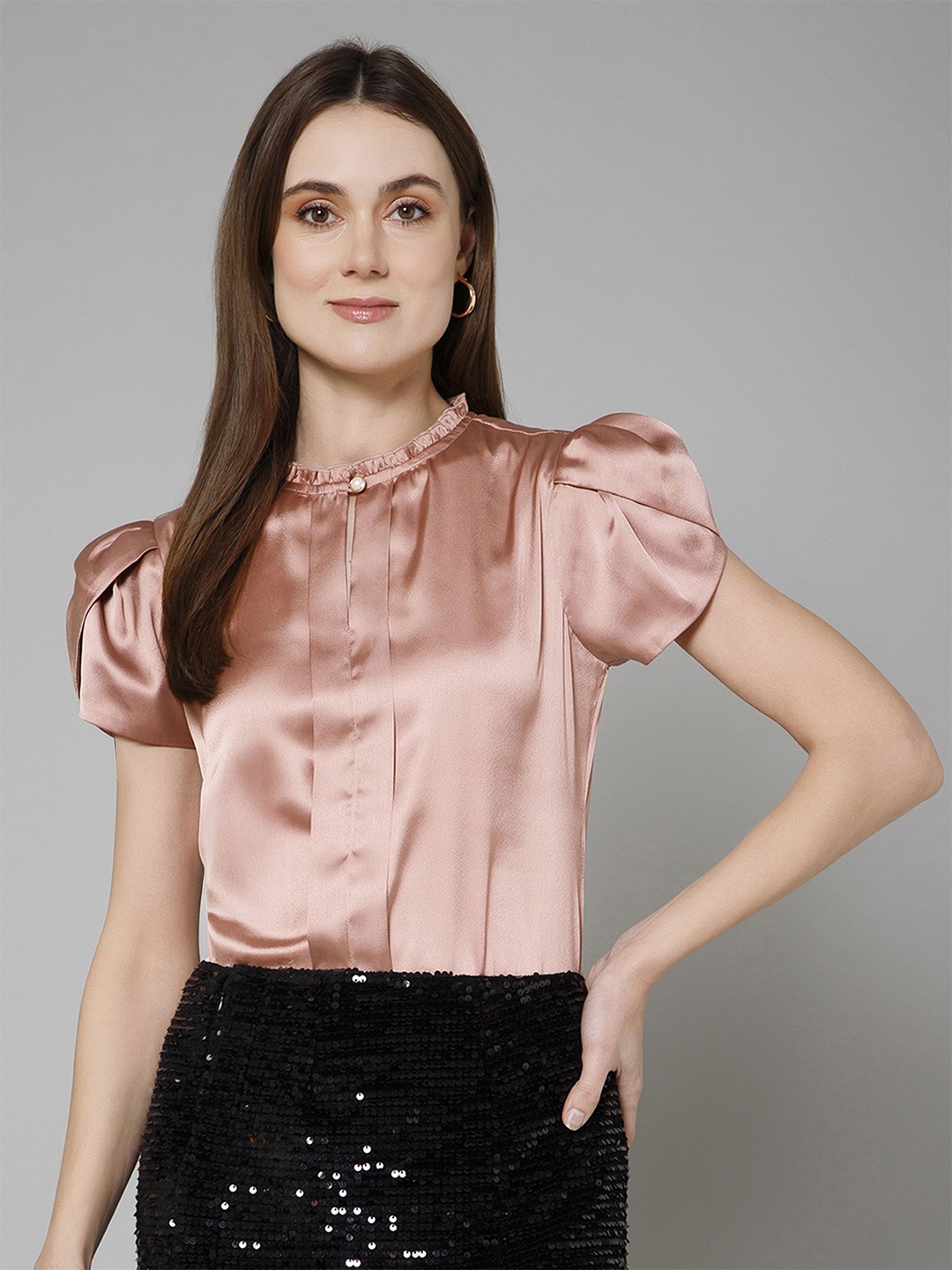 

PURYS WORKSPACE Puff Sleeves Formal Satin Top, Pink