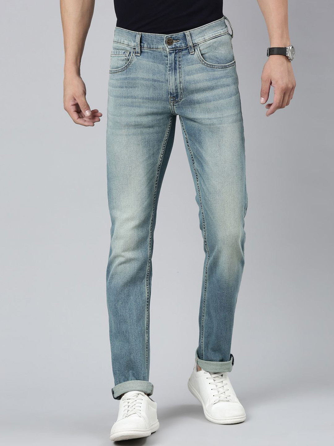 

American Bull Men Cotton Slim Fit Heavy Fade Mid-Rise Stretchable Jeans, Blue