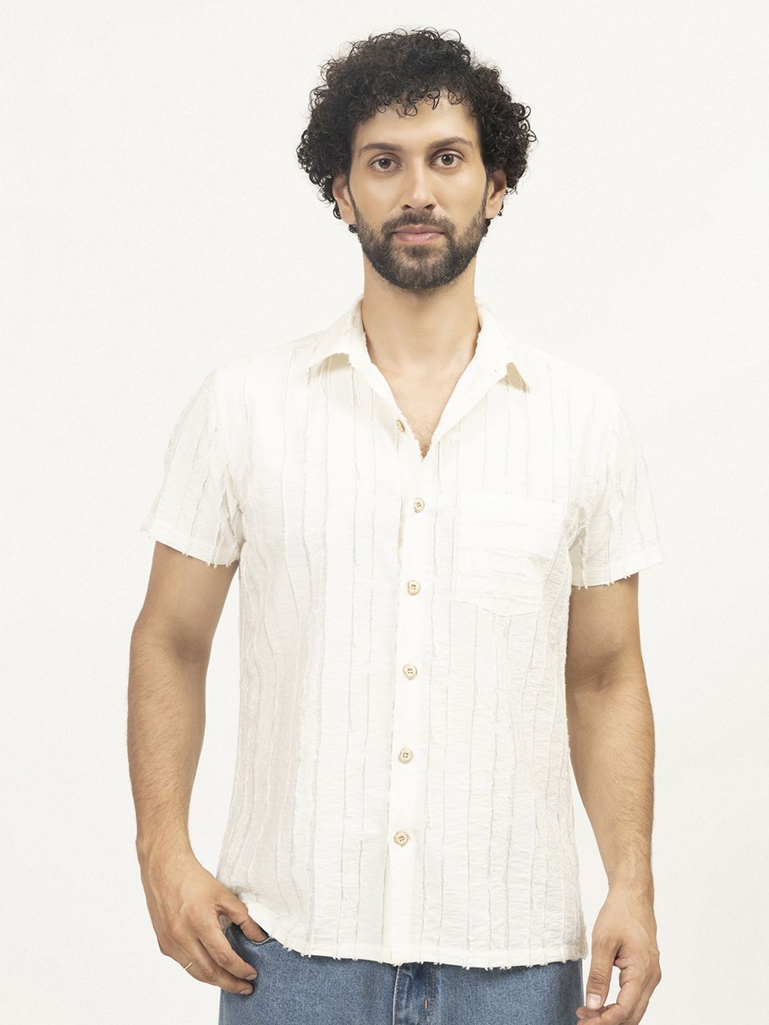

LELA Men New Spread Collar Textured Linen Blend Casual Shirt, Off white