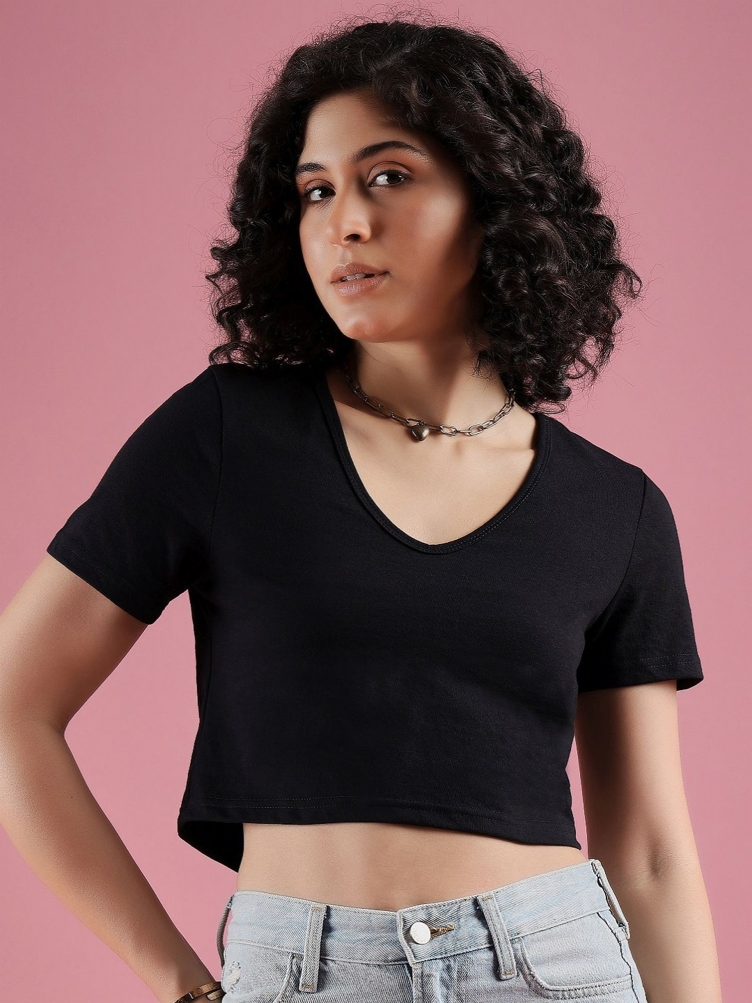 

Mayra Women Solid V-Neck Cotton T-shirt, Black