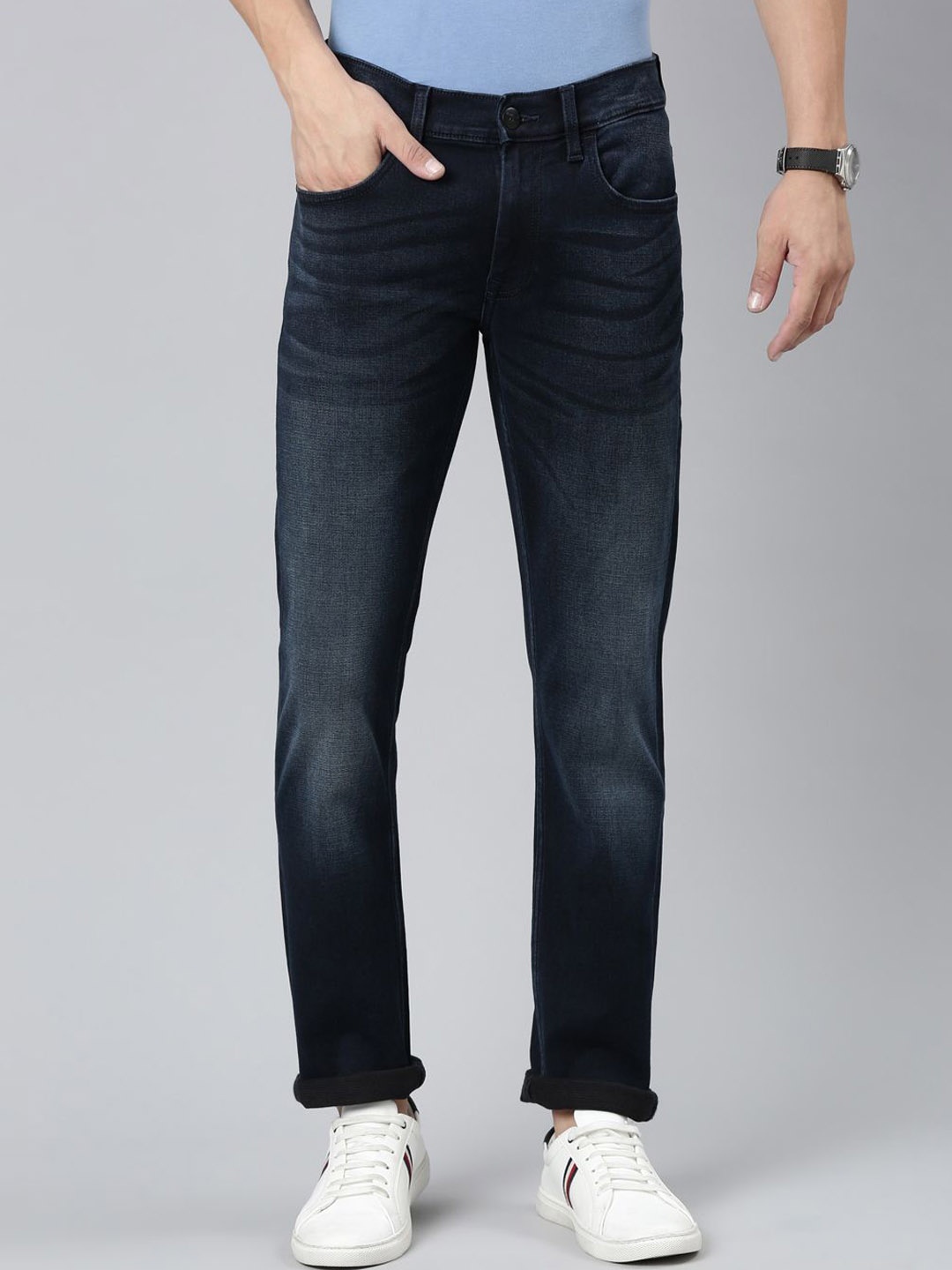 

American Bull Men Slim Fit Heavy Fade Cotton Stretchable Jeans, Blue