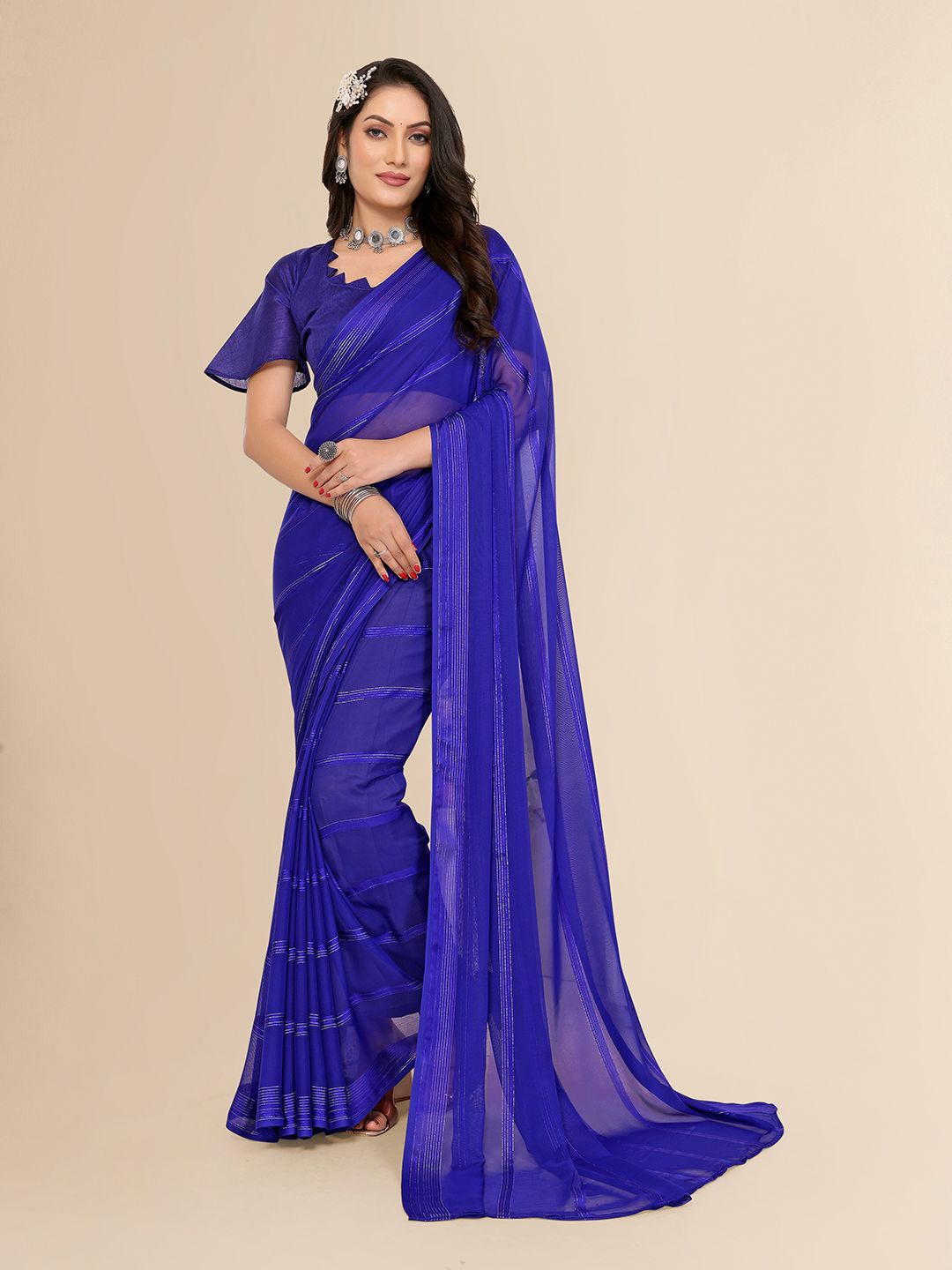 

ANAND SAREES Striped Satin Saree, Blue