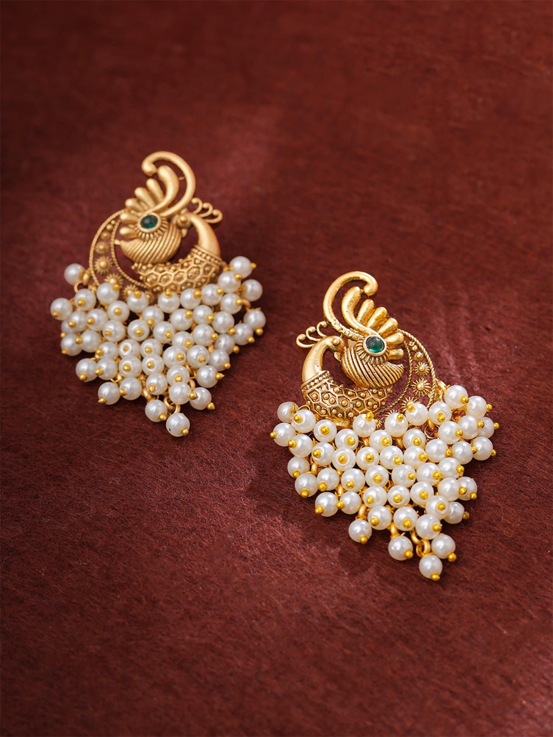 

Yellow Chimes Gold-Plated Peacock Shaped Stone Studded & Pearls Beaded Drop Earrings