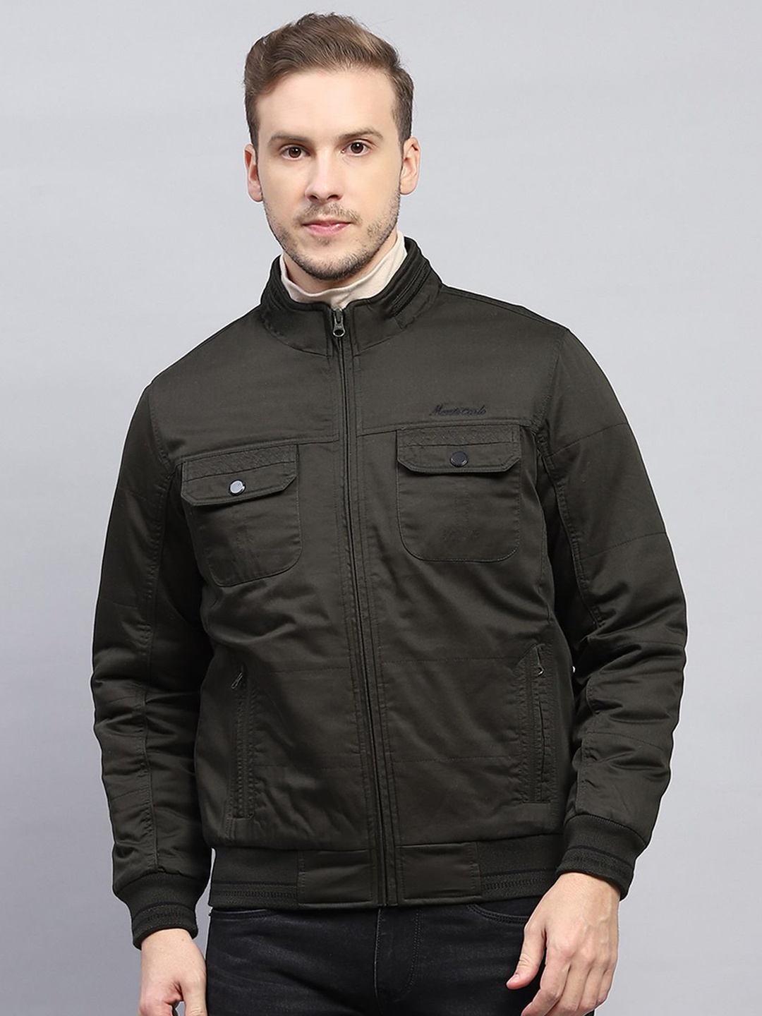 

Monte Carlo Men Mock Collar Solid Cotton Casual Bomber Jacket, Olive