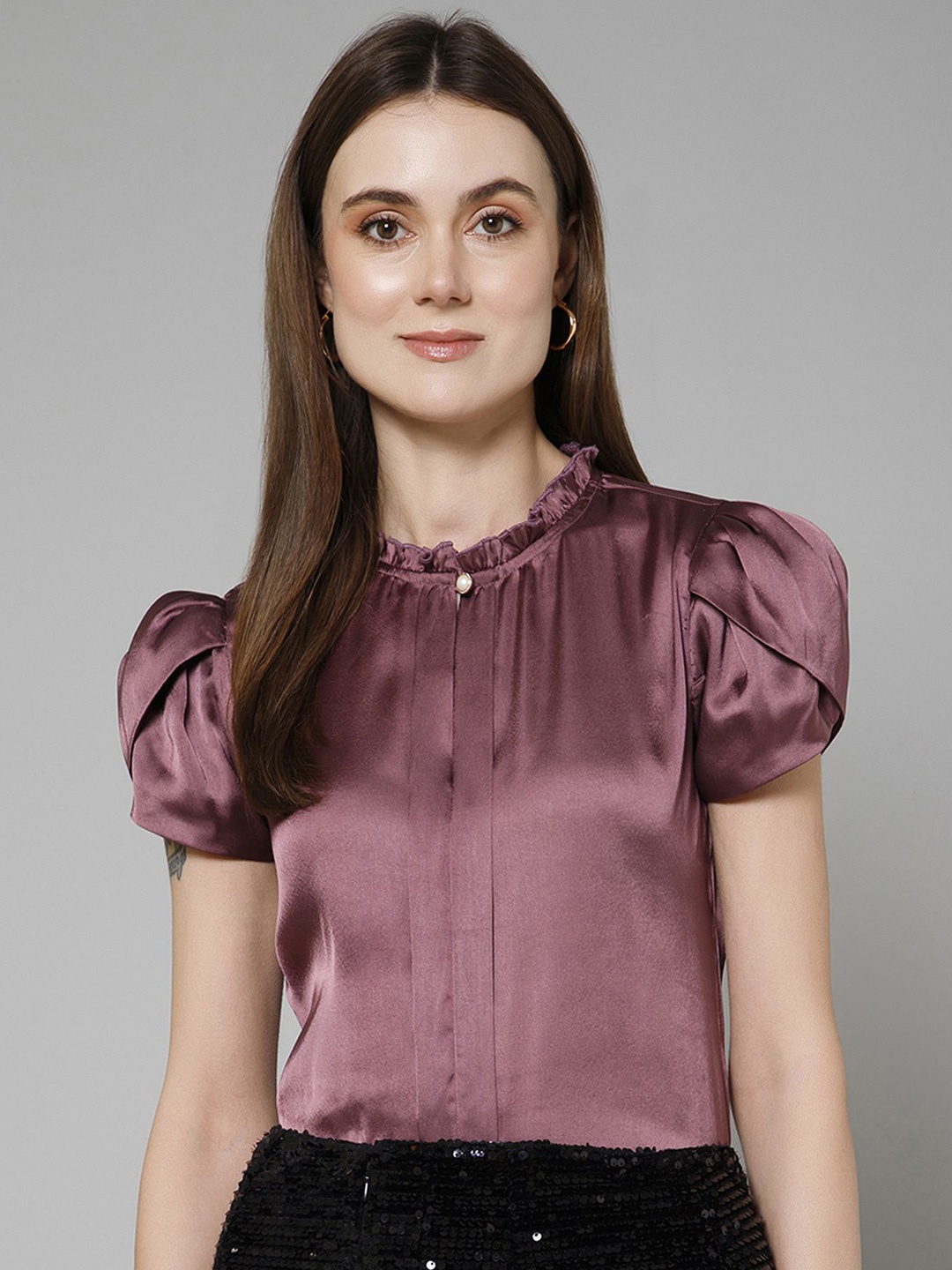 

PURYS WORKSPACE Women Mandarin Collar Satin Blouson Top, Purple