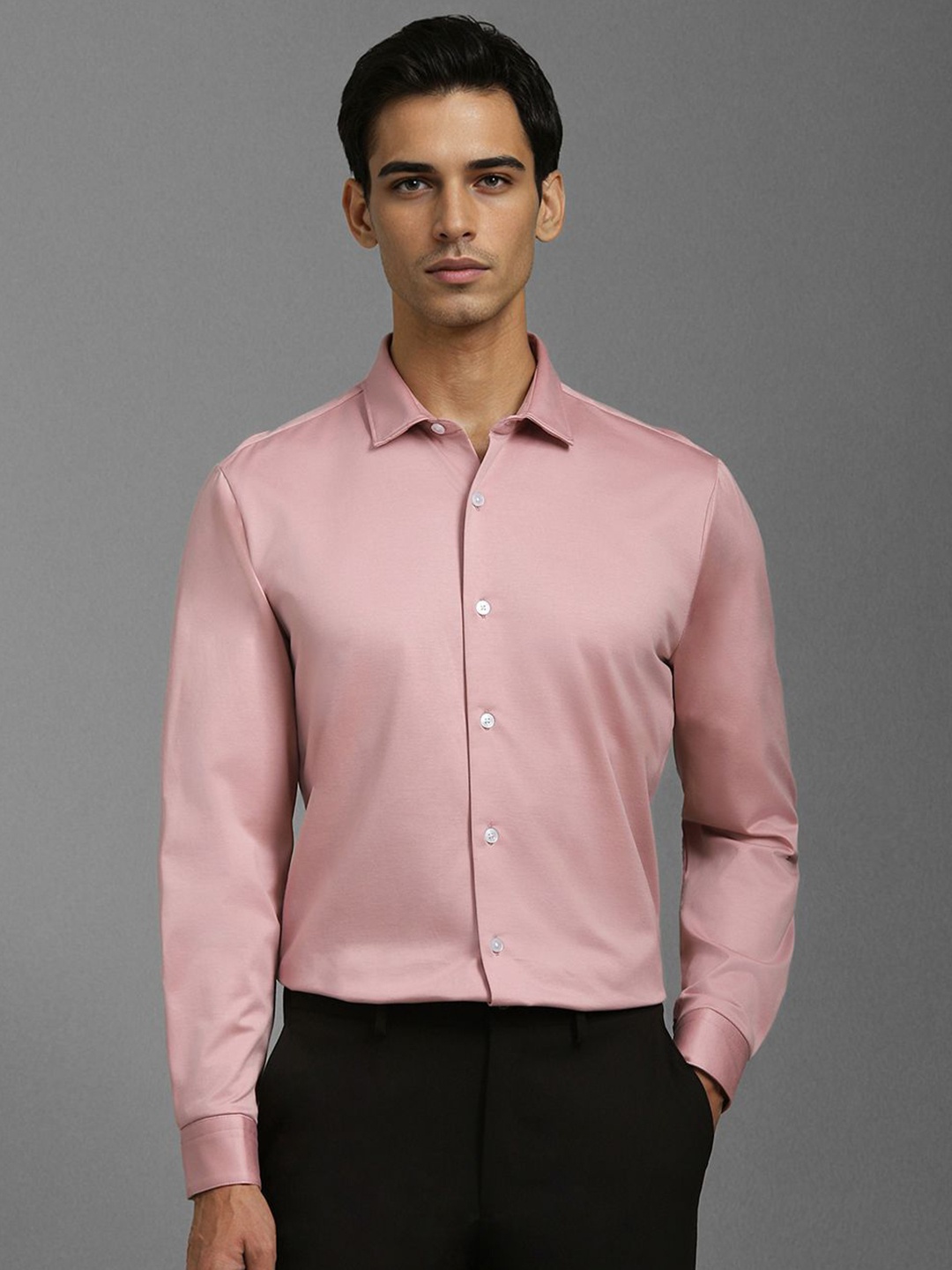 

Louis Philippe Men Spread Collar Solid Cotton Slim Fit Formal Shirt, Pink