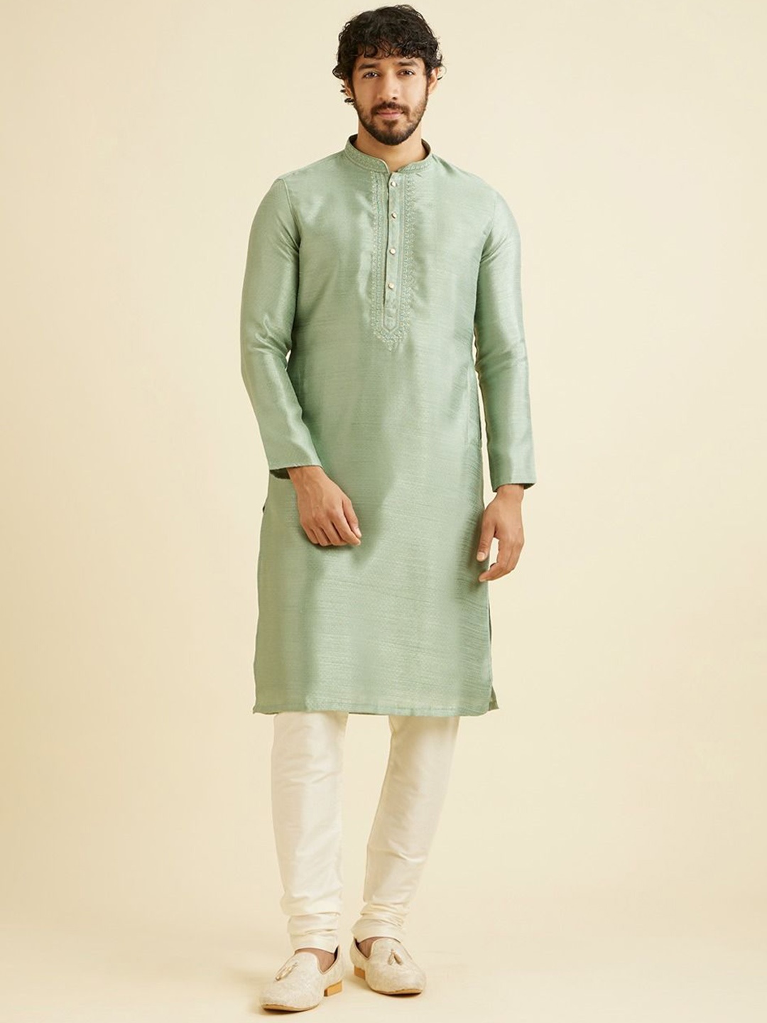 

Manyavar Woven Design Straight Thread Work Kurta with Churidar, Green