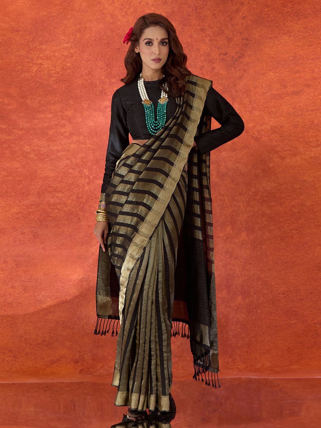 

Nazaakat by Samara Singh Striped Zari Saree, Black