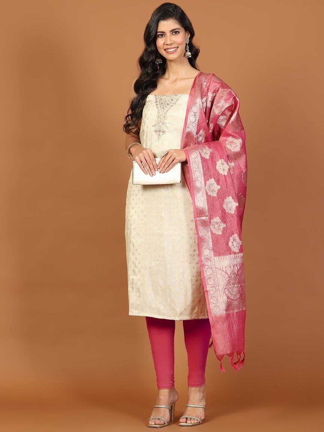 

Meena Bazaar Floral Woven Design Sequinned Unstitched Dress Material, Cream