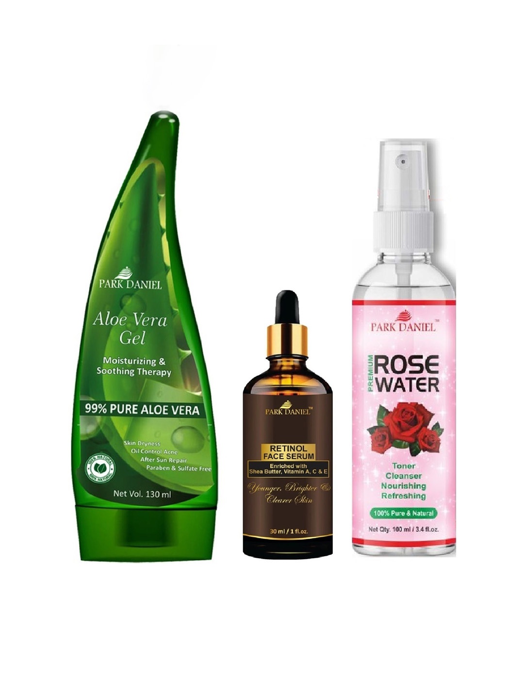 

Park Daniel Set Of 3 Aloe Vera Gel - 130 ml, Rose Water - 100 ml & Face Serum - 30 ml, Green