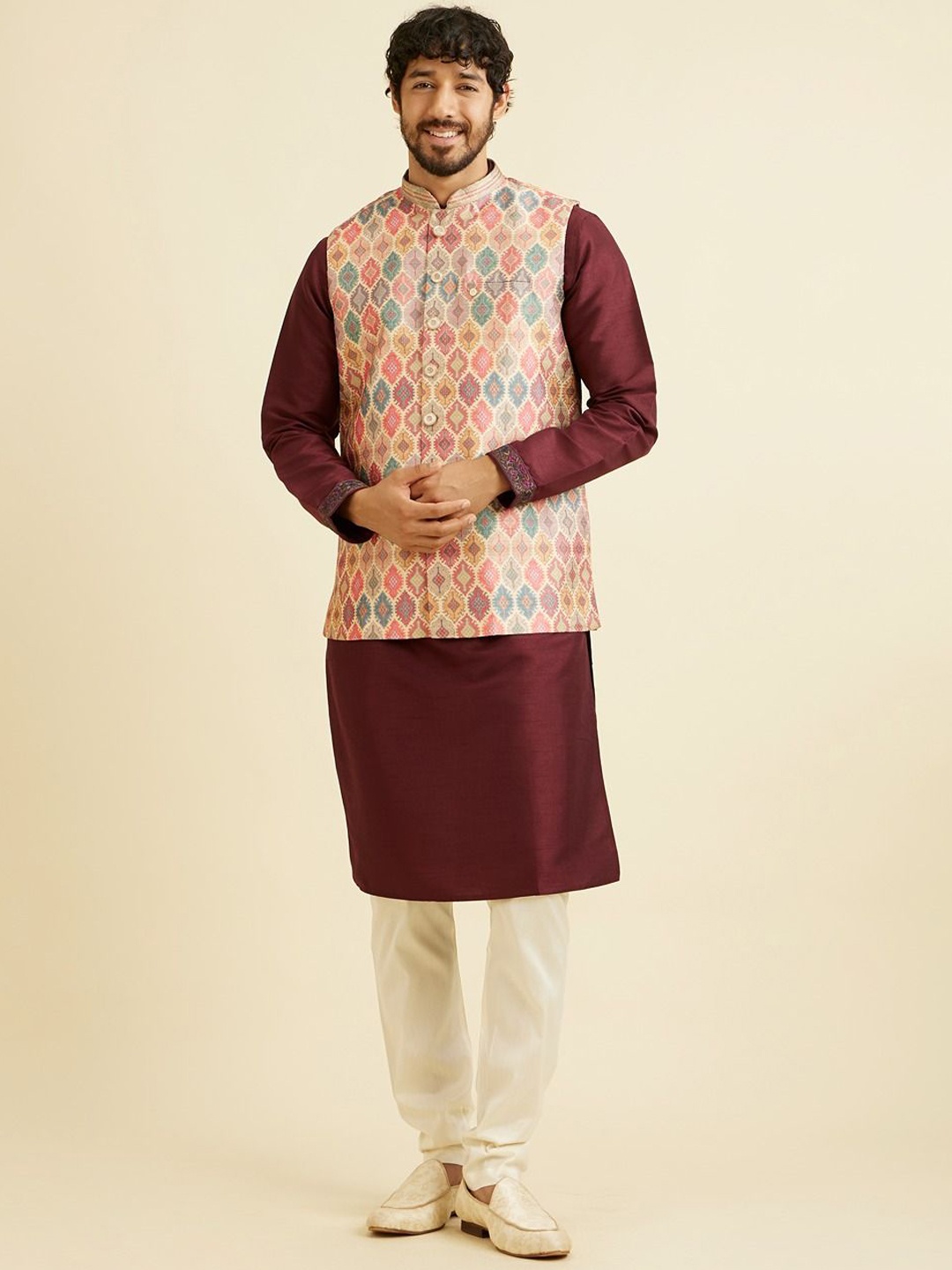 

Manyavar Printed Woven Nehru Jackets, Beige