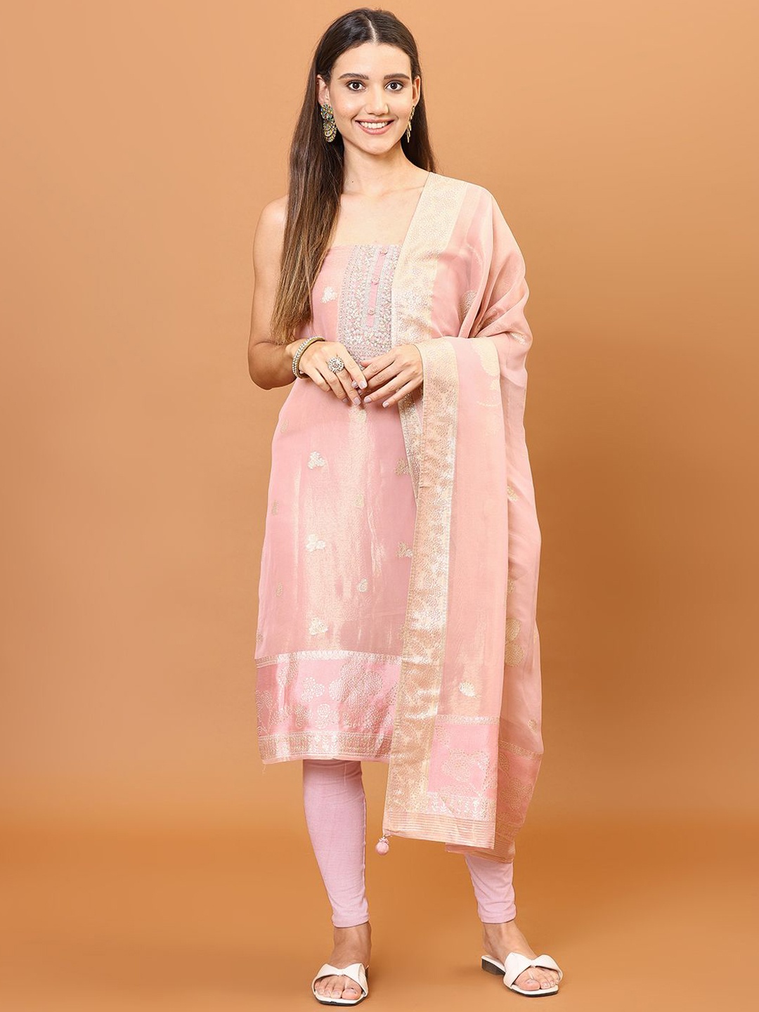 

Meena Bazaar Floral Woven Design Sequinned Tissue Unstitched Dress Material, Peach