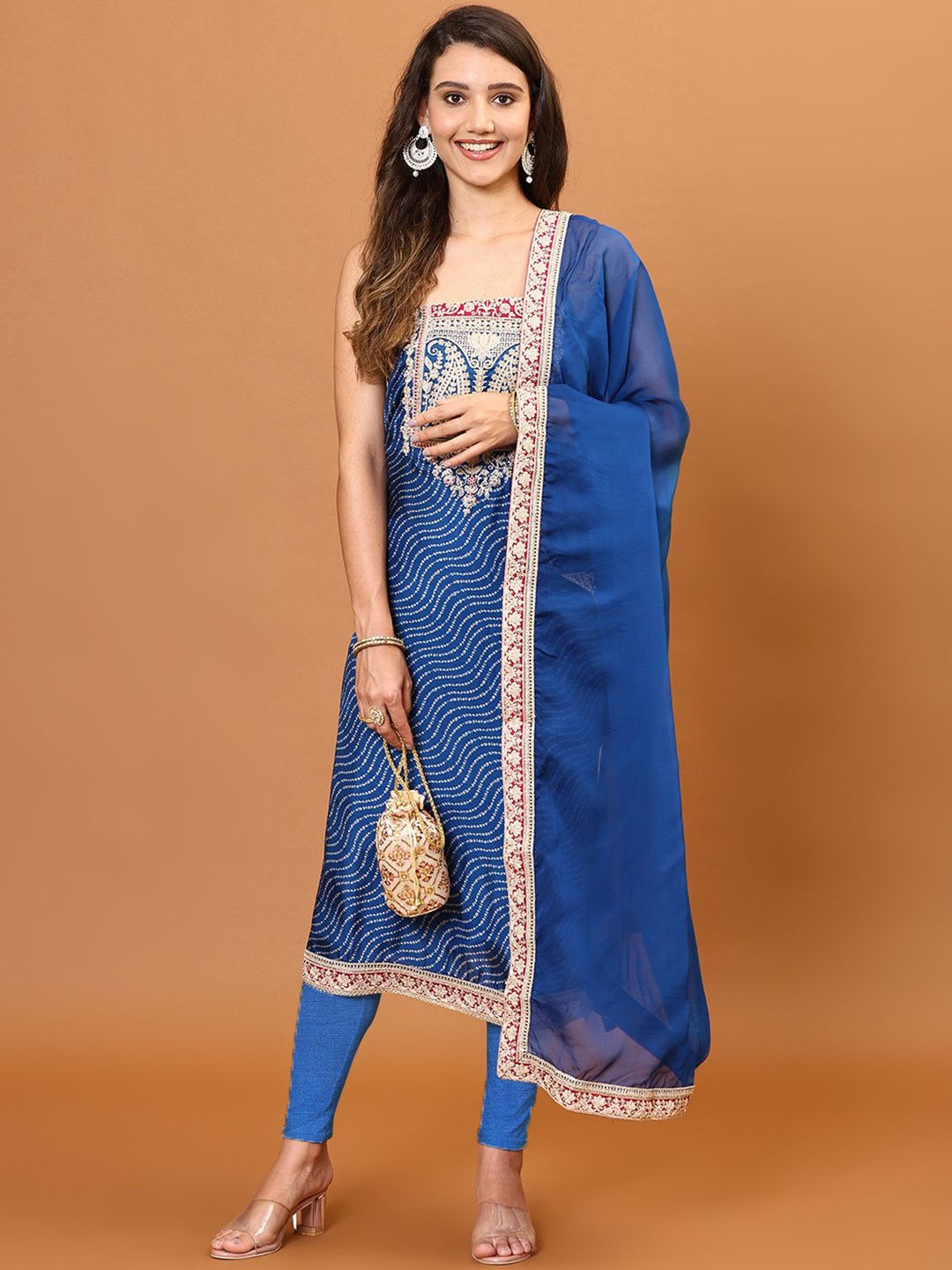 

Meena Bazaar Ethnic Motifs Printed Unstitched Dress Material, Blue