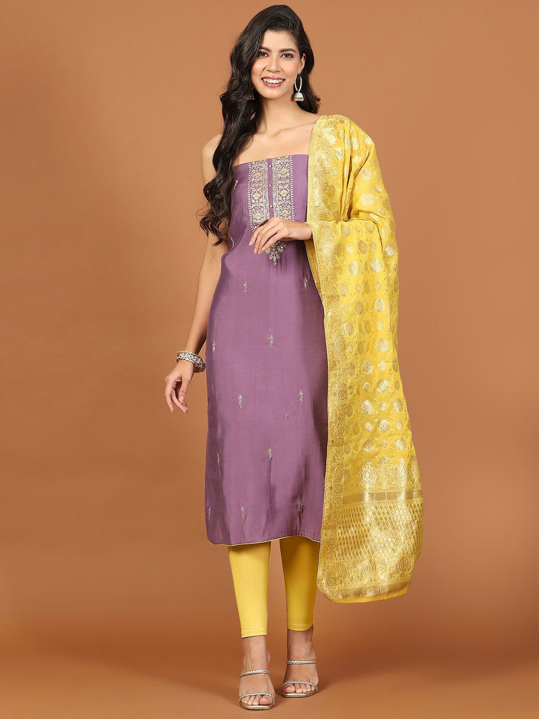 

Meena Bazaar Embroidered Zari Chanderi Unstitched Dress Material, Purple