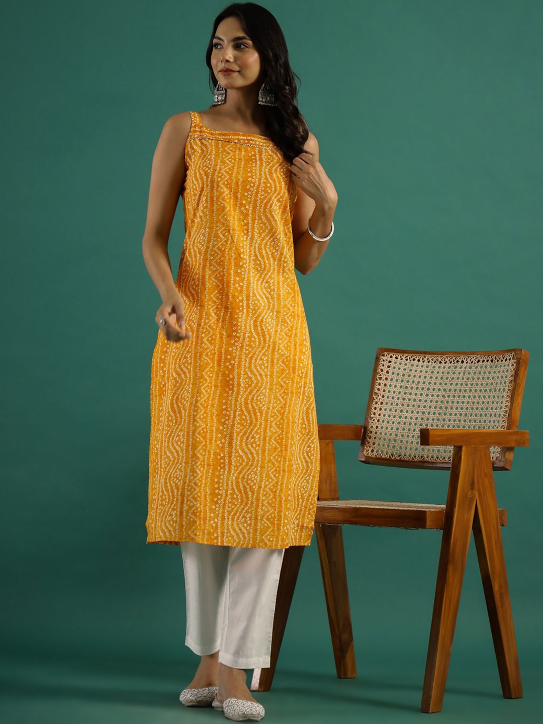 

RangDeep Bandhani Printed Square Neck Pure Cotton Straight Kurta with Trousers, Yellow