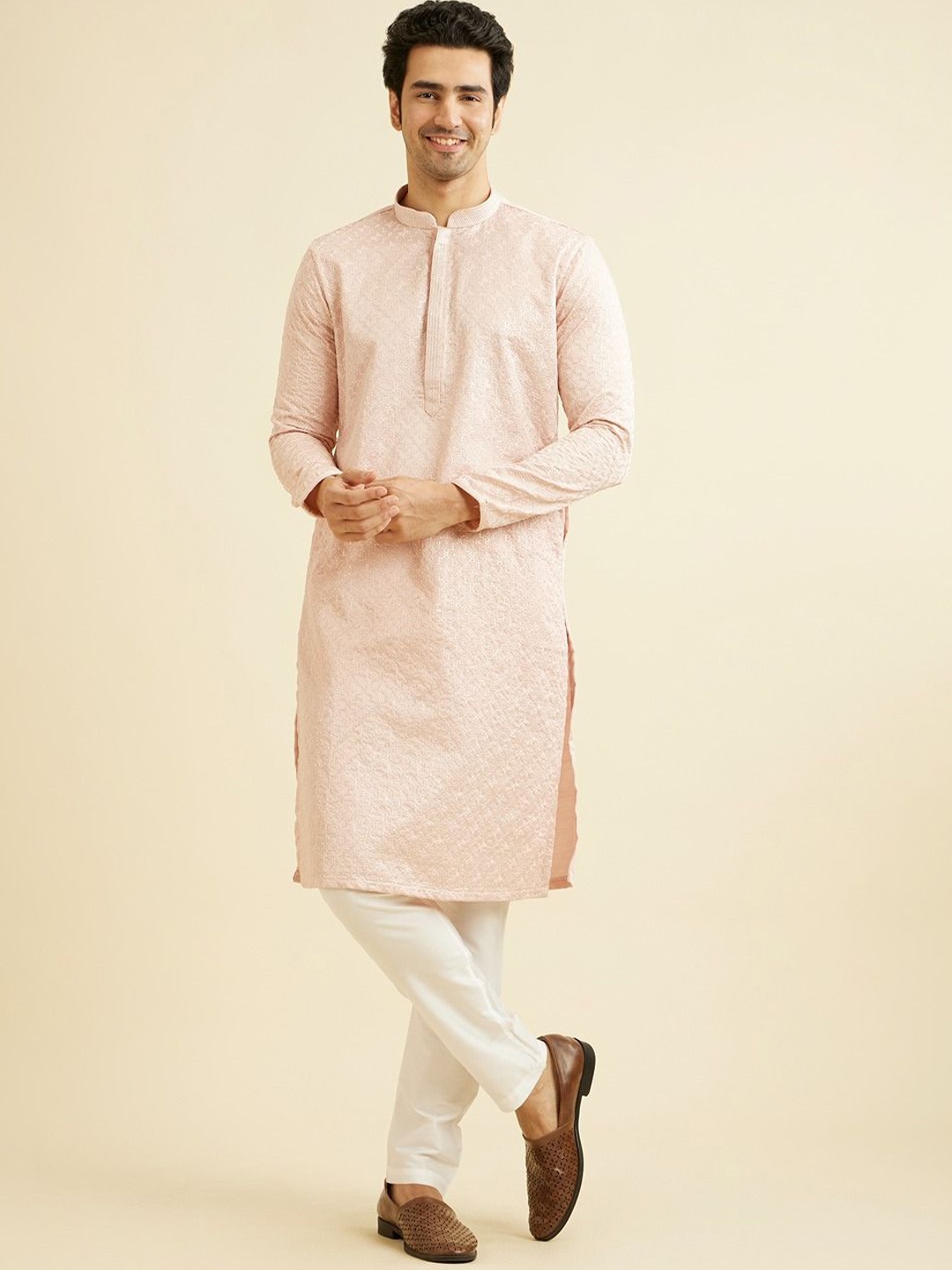 

Manyavar Floral Embroidered Thread Work & Sequinned Satin Straight Kurta with Pyjamas, Pink