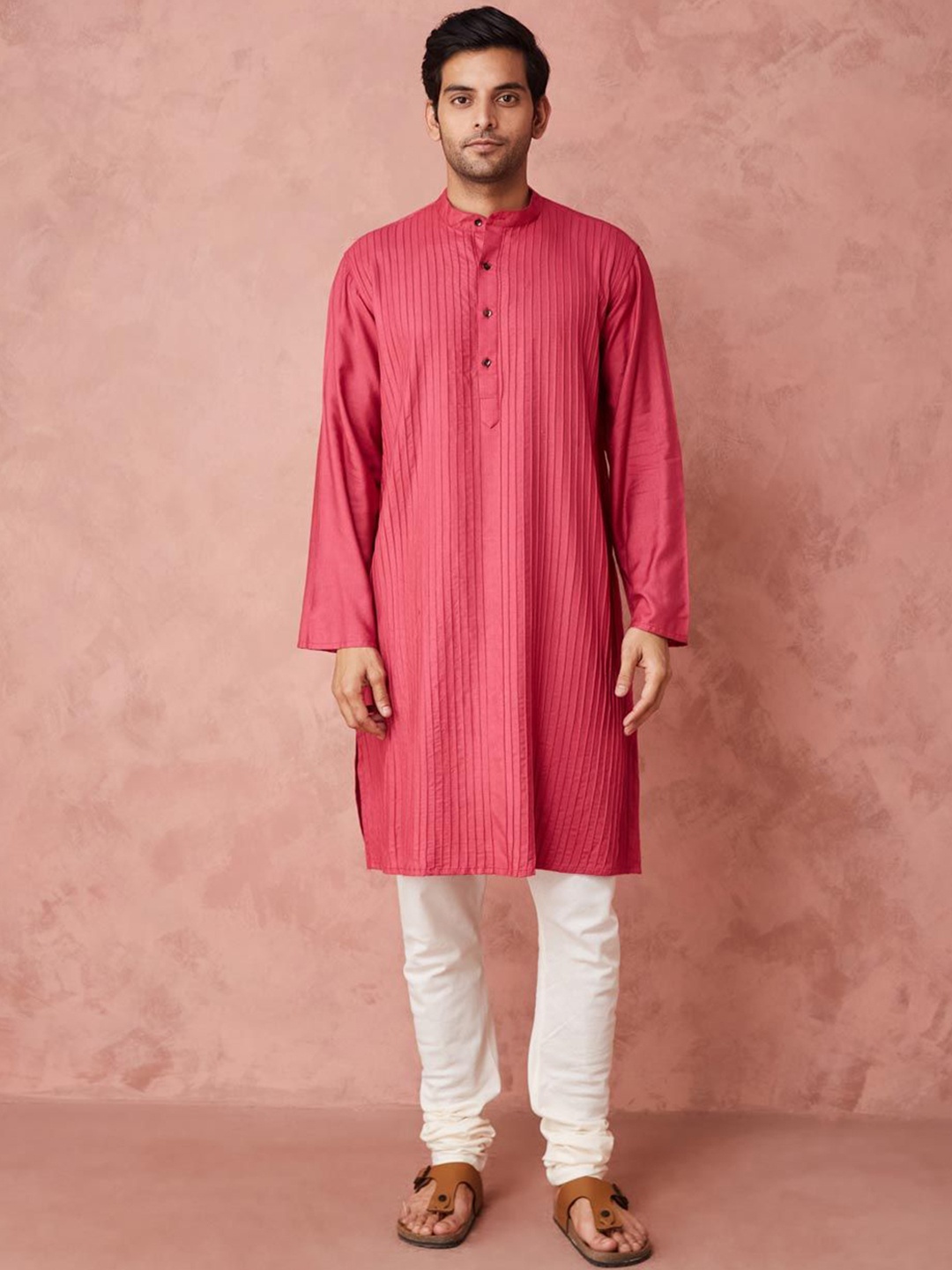 

Fabindia Striped Band Collar Pintucks Straight Kurta, Pink