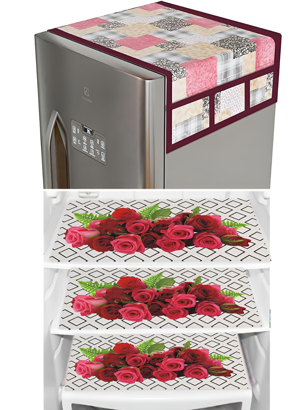 

LooMantha 6-Pcs Maroon & Beige Printed Fridge Cover With Mat