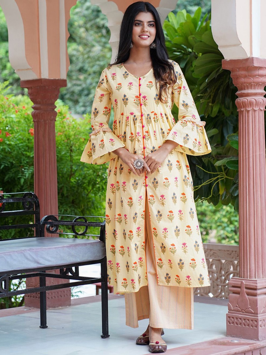 

Anouk Yellow Floral Printed Pure Cotton Straight Kurta With Palazzo