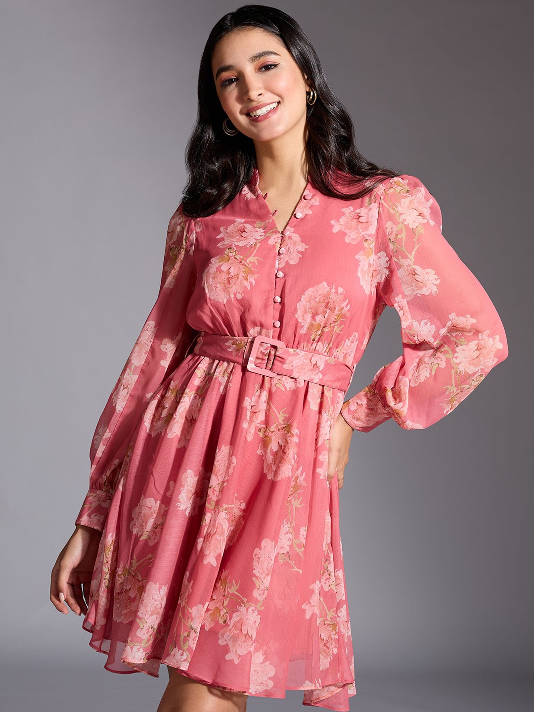 

20Dresses Floral Print Puff Sleeve Chiffon Fit & Flare Dress, Pink
