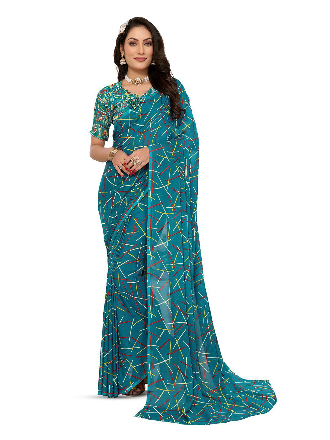 

ANAND SAREES Striped Poly Georgette Saree, Blue