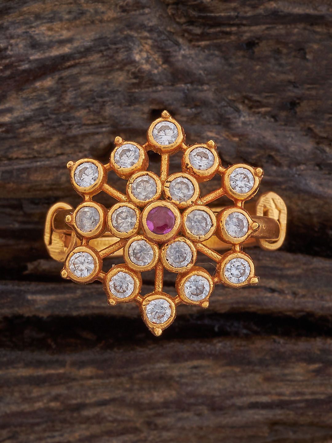 

Kushal's Fashion Jewellery 92.5 Pure Silver Gold-Plated Stones-Studded Finger Ring