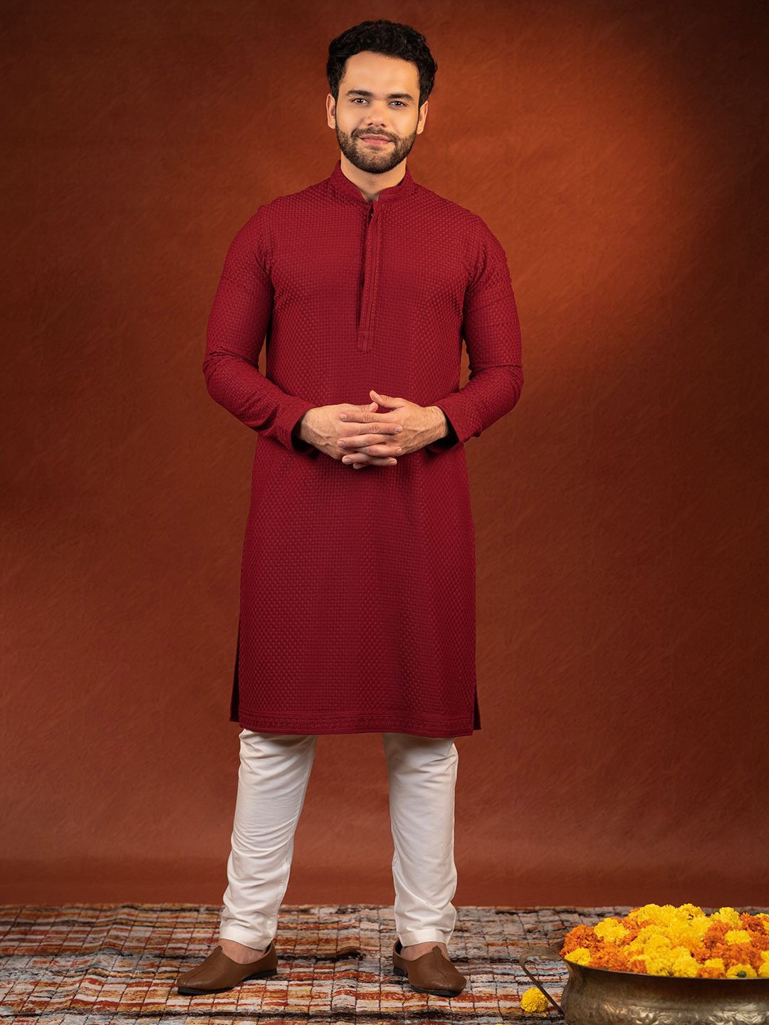 

TheEthnic.Co Floral Embroidered Pure Cotton Straight Kurta with Trousers, Maroon
