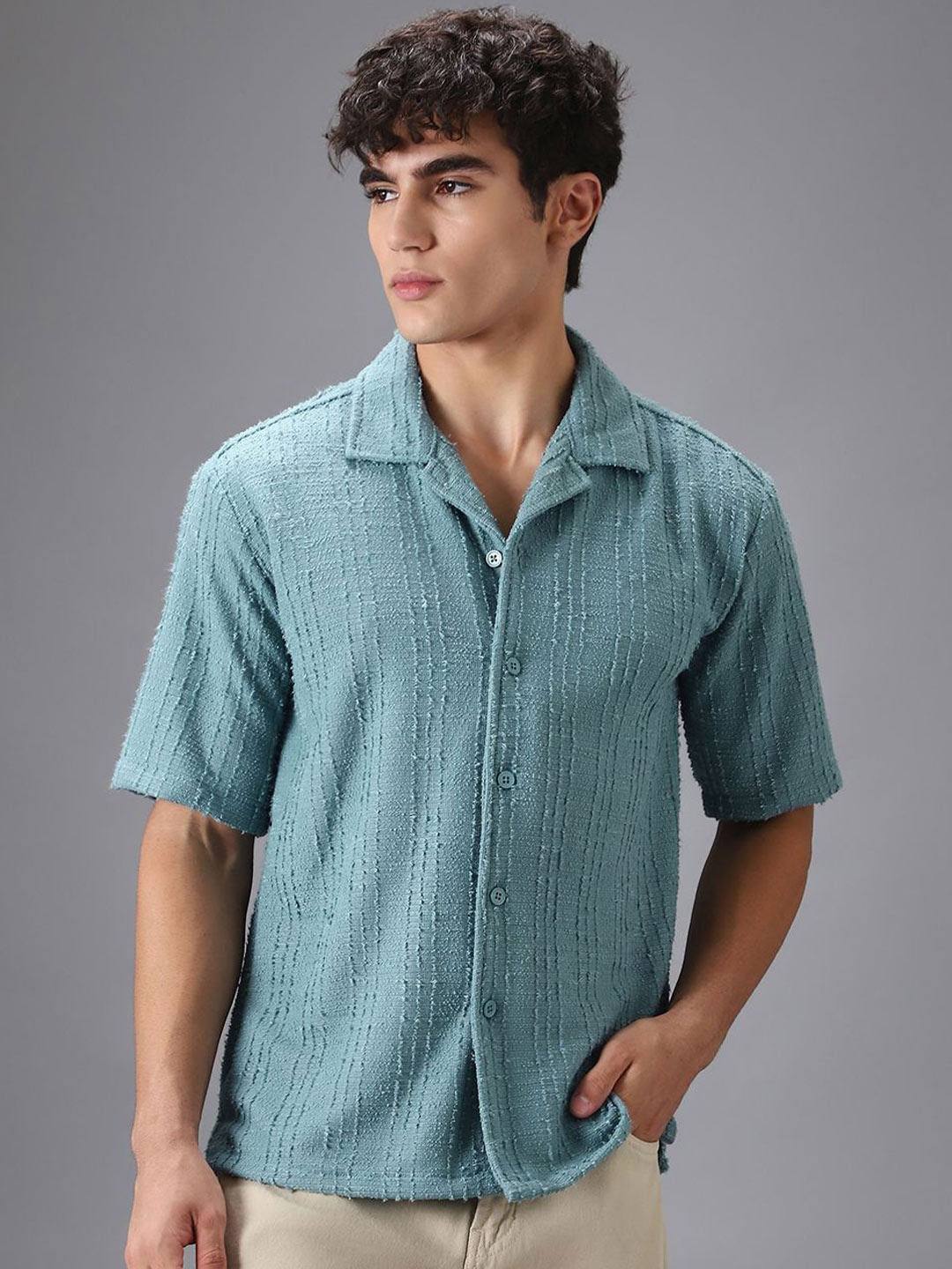 

Banana Club Men Half Sleeves Cuban Collar Knitted Shirt, Turquoise blue