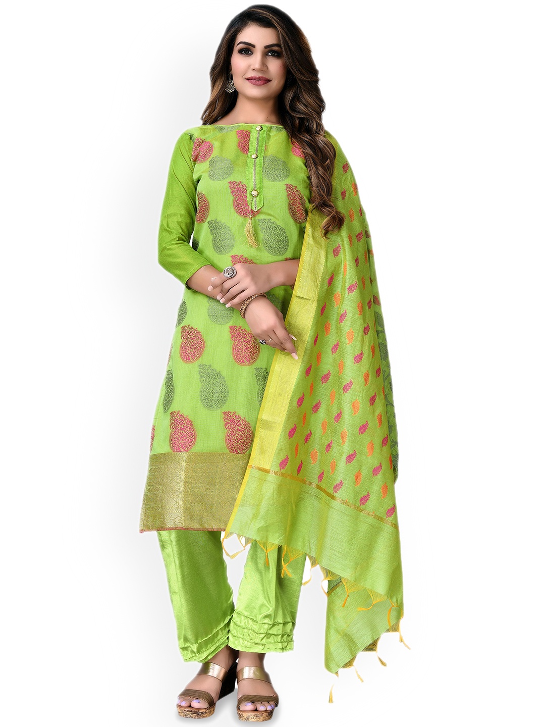 

Maroosh Floral Embellished Zari Banarasi Jacquard Unstitched Dress Material, Green