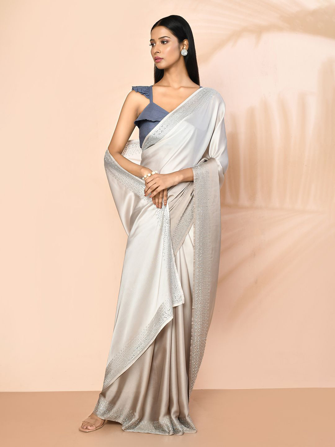 

Nazaakat by Samara Singh Beads and Stones Satin Saree, Beige