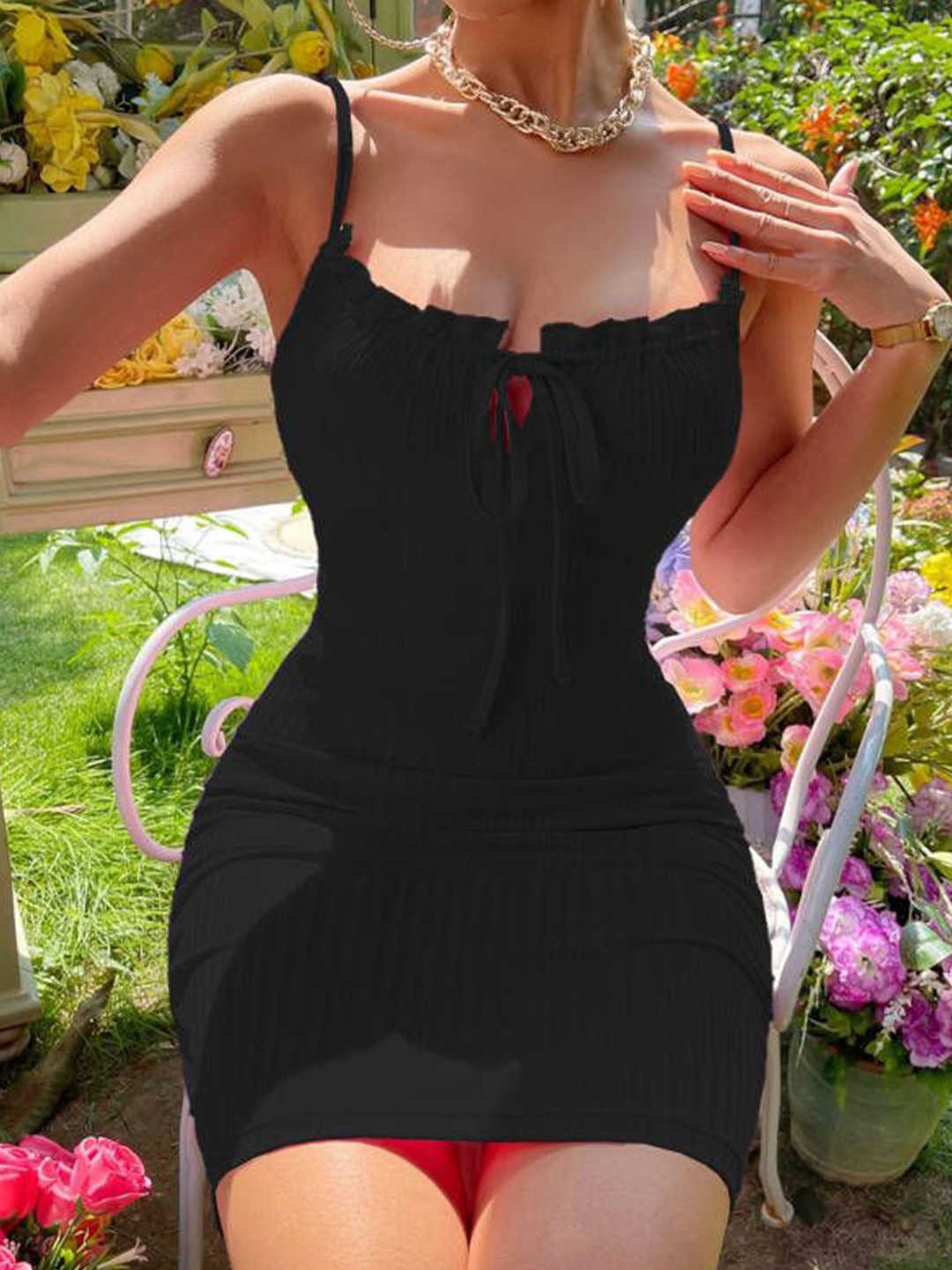 

HERE&NOW Women Shoulder Straps Bodycon Mini Dress, Black