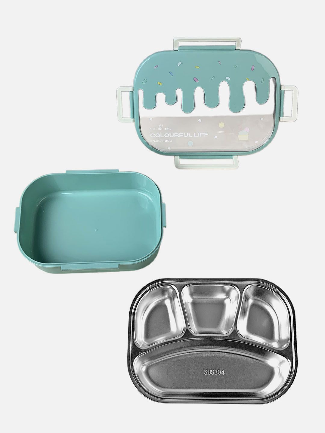 

Little Surprise Box LLP Teal Green & Silver Toned Stainless Steel Lunch Box 1.3L