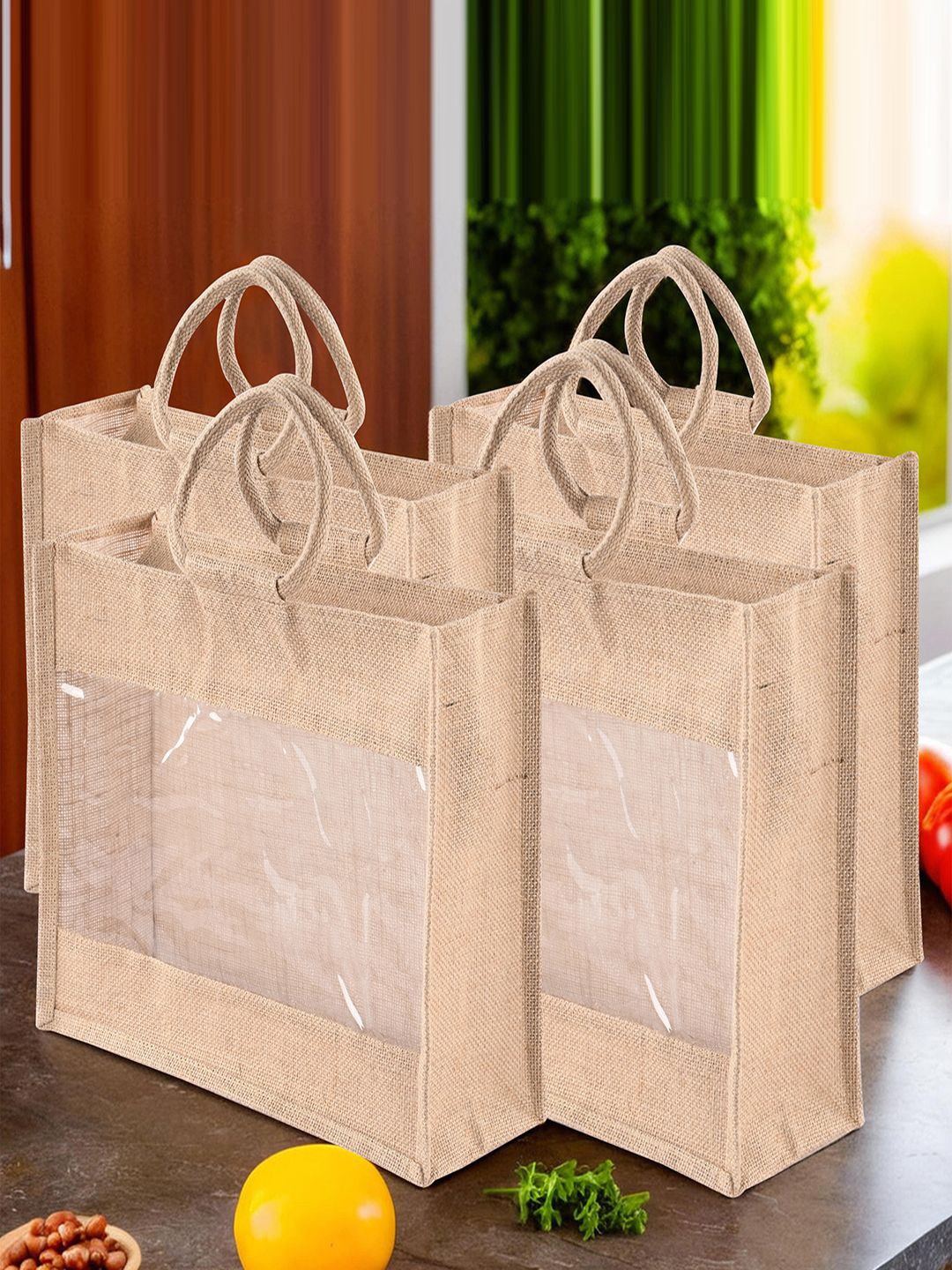 

Kuber Industries Unisex Pack Of 4 Textured Shopper Tote Bags, Beige