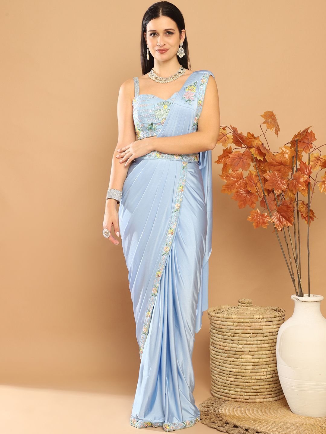 

Grancy Floral Embroidered Ready to Wear Belted Saree, Blue